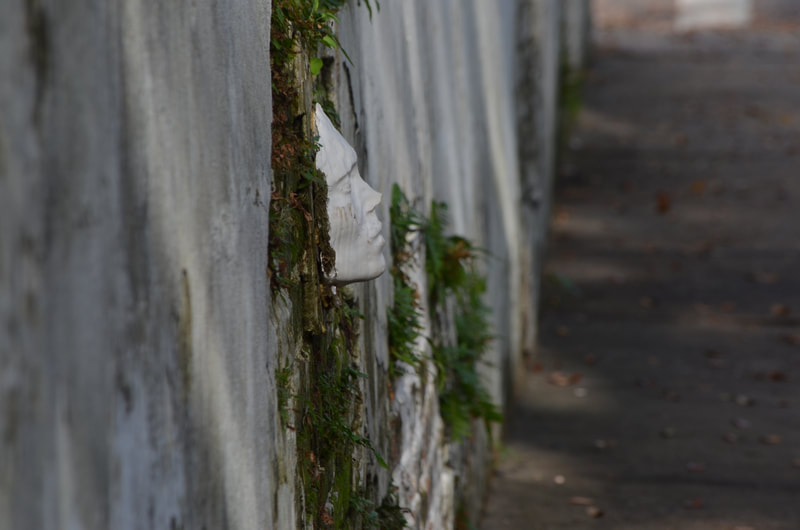 A plaster death mask affixed to the outer wall of Lafayette Cemetery No. 1 is surrounded by growing mosses and ferns. New Orleans. 